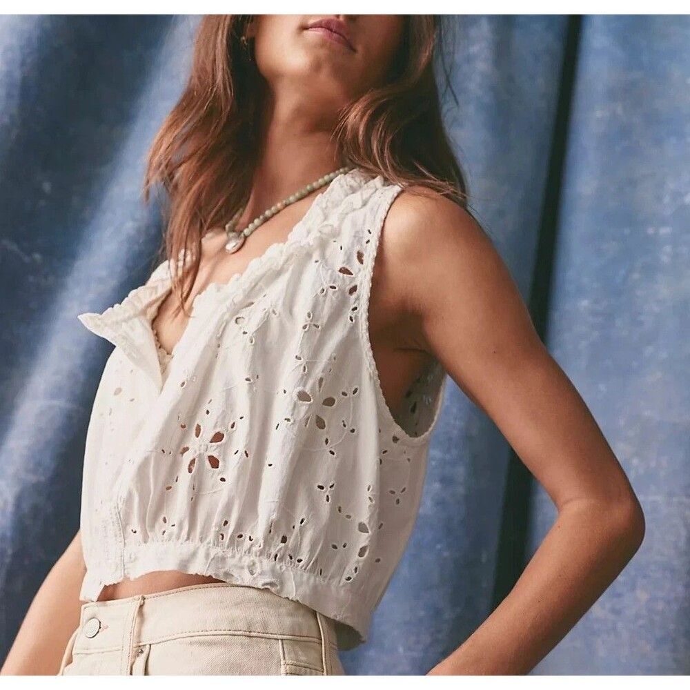Free People Eyelet Embroidered Buttondown Tank Top Ruffle White Cotton S 288805